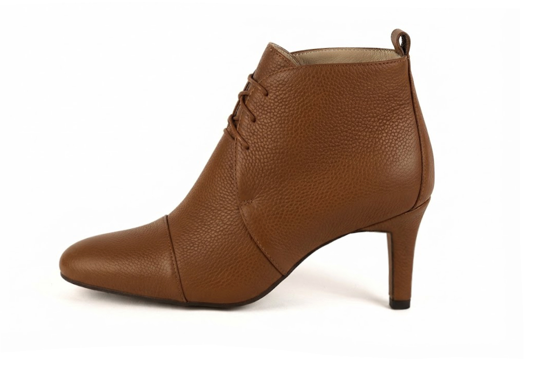 Women's cognac front lace-up ankle boots with round toe and mid comma heel - Profile view